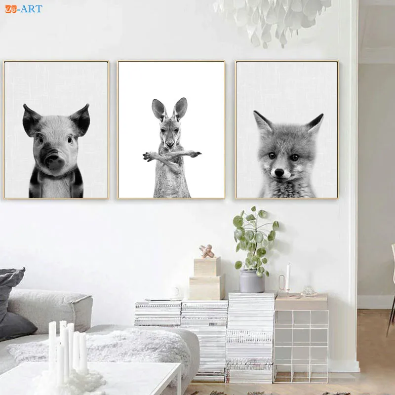 Черно-белая Картина на холсте с животными для малышей верблюд кенгуру