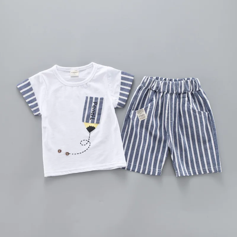 Boys Summer Clothing Set Kids Baby Suits 2019 New Cute Strip Short Pants Children Sleeve Shirt Suit |