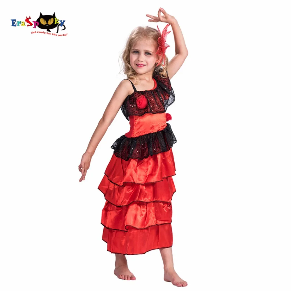

2017 New Flamenco Dancer Red Fancy Long Halloween Costume For Kids Spain Dance Dresses For Girls Child Lace Anime Cosplay