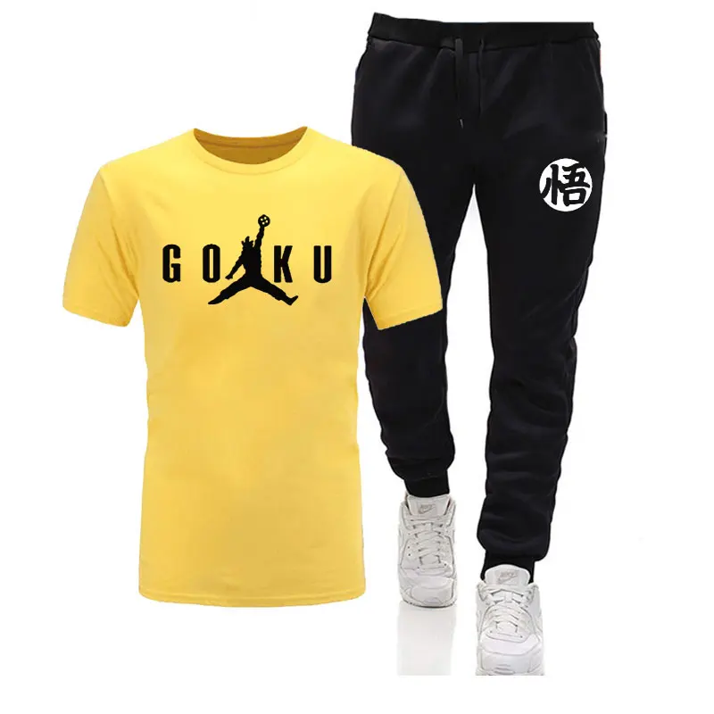 yellow black 2 Лето, Dragon Ball Z, мужские футболки+ штаны, 2 предмета,, хлопок, удобная футболка с коротким рукавом, мужские повседневные топы и штаны - Цвет: yellow black 2