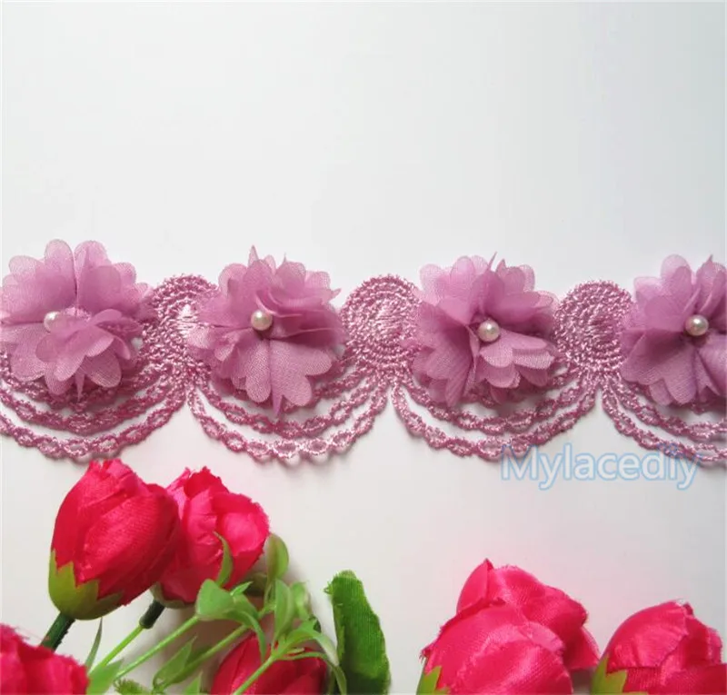 1 ярд полиэстер шифон жемчужный цветок вышитая ткань кружевная отделка Лента