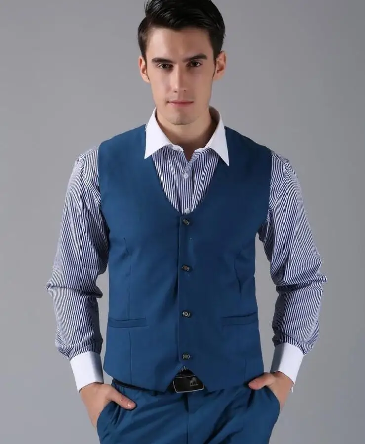 Озерно-голубой формальные офисные костюмы с жилетом для выпускных свадеб