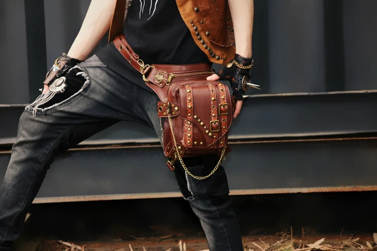 Gear Duke Steampunk Waist Pack Bag Retro Rock Gothic brown Fanny Bag Pack Shoulder Bag Vintage Men Women Leather Leg Bag