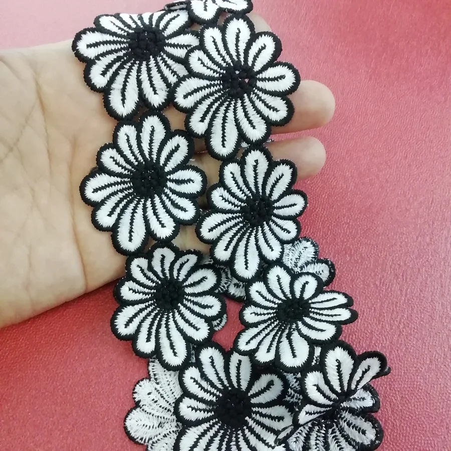 1 Ярд Черно-белая Цветочная Кружевная Ткань из полиэстера, Ручной работы, Для шитья, Декоративных изделий, Аксессуаров для волос для кукол.