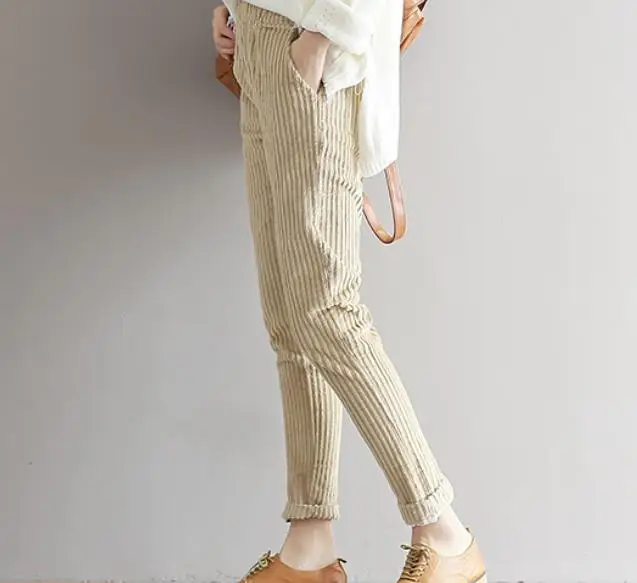 Брюки женские вельветовые с эластичным поясом прямые свободные винтажные