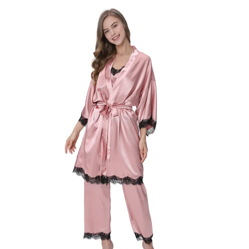 Атласная пижама с длинным рукавом комплект из трех предметов: кофта и штаны