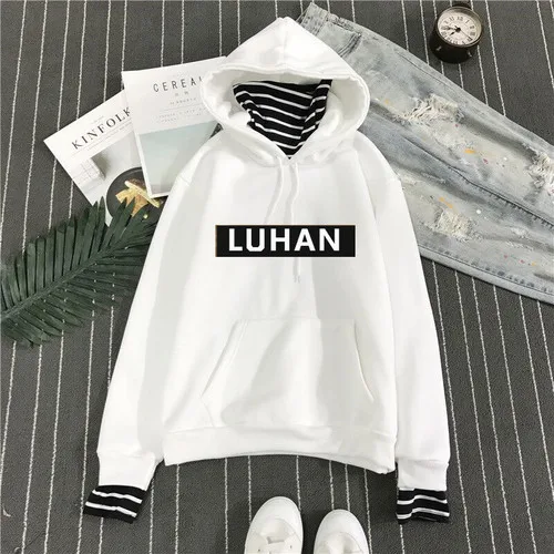 Kpop exo harajuku полосатый воротник свободные поддельные два плюс бархат пуловер с капюшоном женский корейский студенческий k-pop exo осень зима - Цвет: 11