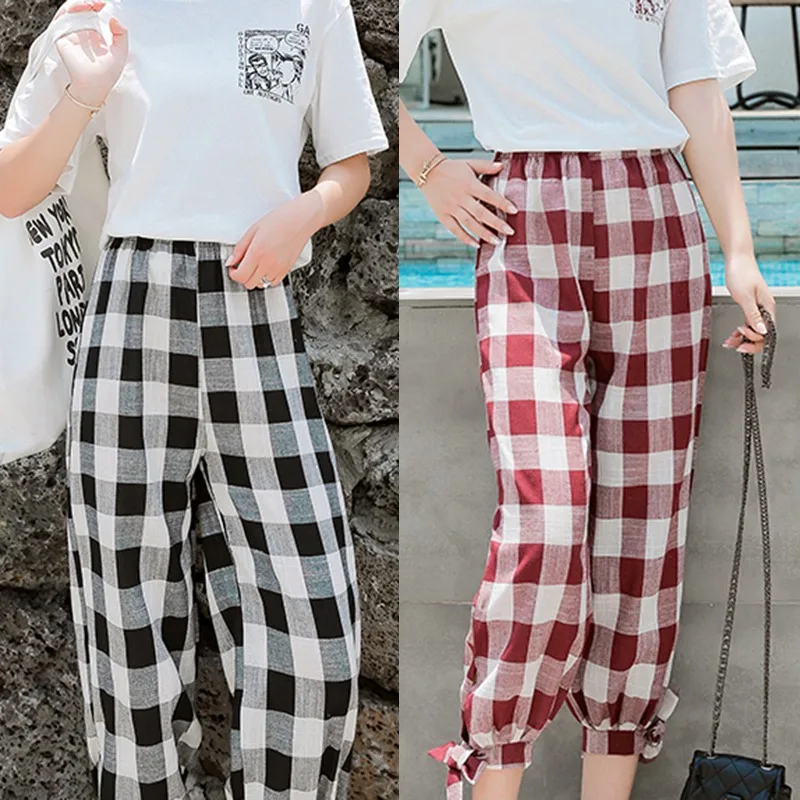 

Korean Style Women's Casual Loose Plaid Print Lace Up High Waist Long Harem Pants J1