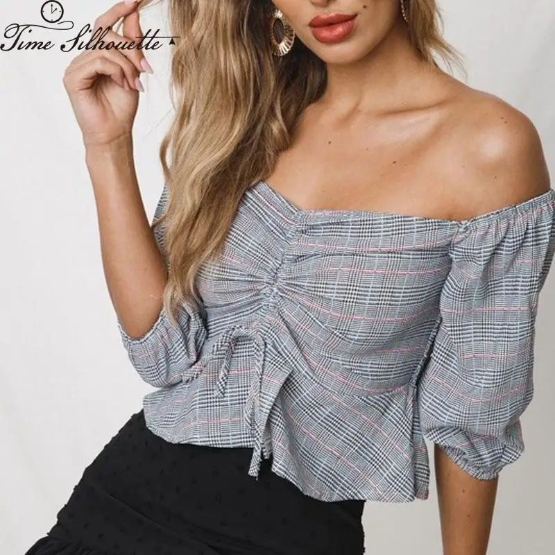 Пикантные Slash шеи с плеча осень шифоновый топ Для женщин блузки 2018 Половина