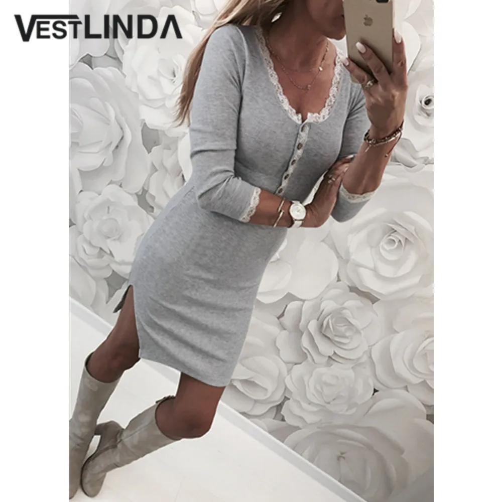 VESTLINDA женские платья с круглым вырезом и длинным рукавом Кружевное облегающее