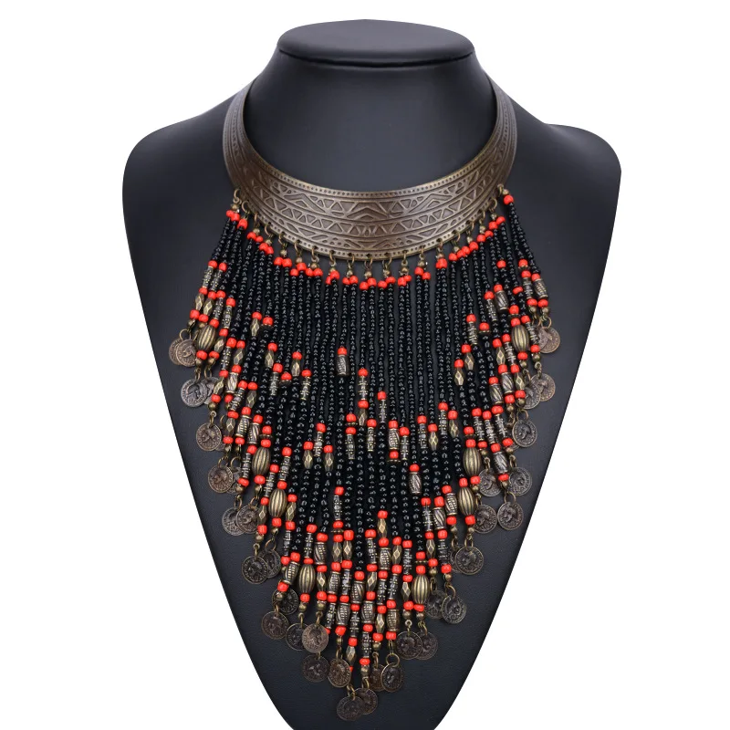 Коралловый Бусины Цепочки и ожерелья Jewelry Винтаж Этнические ожерелья для Для женщин, Новая мода бисером кисточкой монета Цепочки и ожерелья цепь воротник YY0853