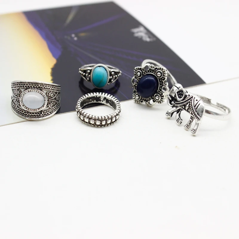 5 шт./компл. Ретро стиль преувеличенный синий драгоценный камень слон кольцо