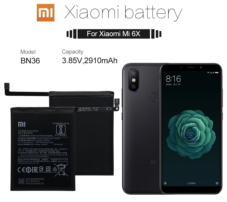 Крепление для спортивной камеры Xiao mi Оригинальный аккумулятор телефона BN36 Xiaomi 6X