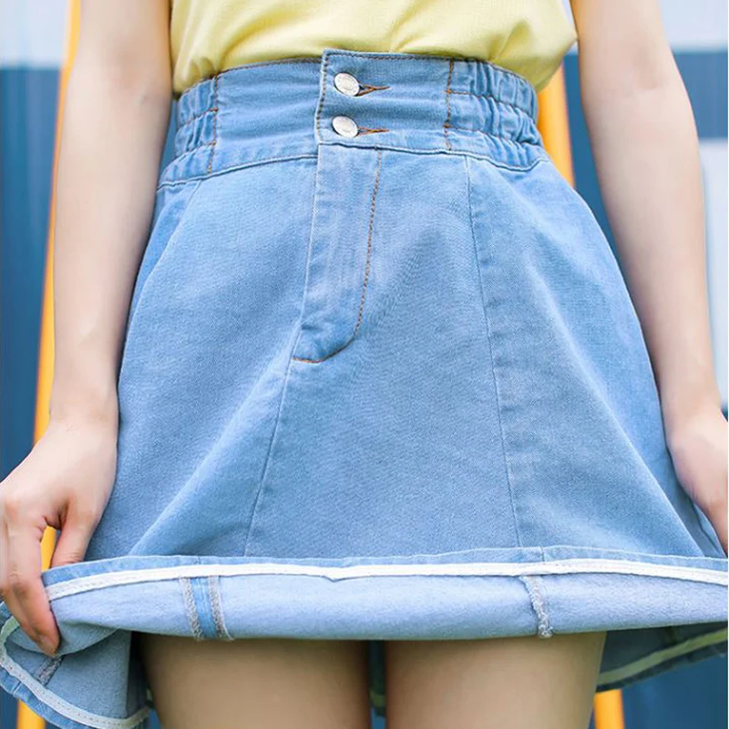 Harajuku Джинсовые юбки для Для женщин летние Высокая Талия Мини-юбки Винтаж хлопок S-XL синяя школьная для девочек женские мини-юбки#504