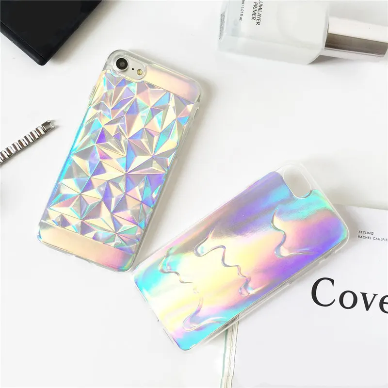 Holographic Card Paper Geometric Phone Case For iPhone 7 Plus 6 6S 5 5S Rainbow 3D Diamond TPU Cover Fashion Pastel |