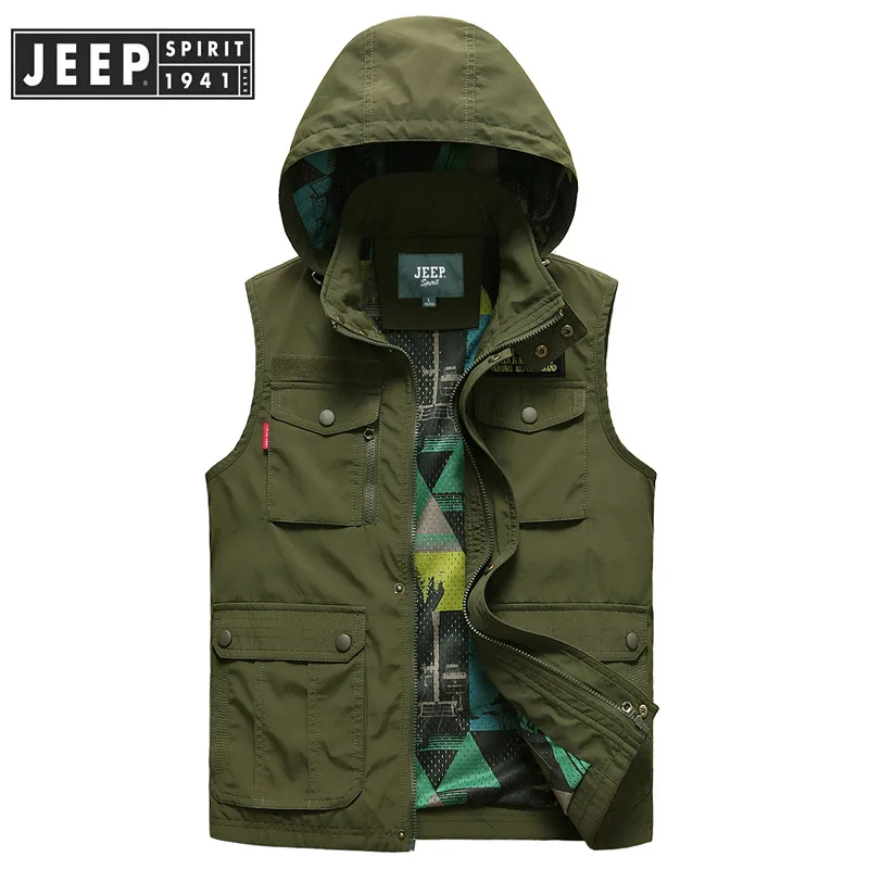Бренд JEEP SPIRIT, мужской жилет, Повседневный, с капюшоном, воротник, без рукавов, пальто, Мужская Осенняя ветровка, модный жилет, chaleco hombre M-XXXL - Цвет: Армейский зеленый