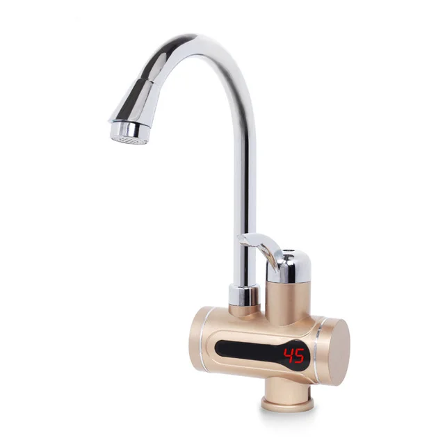 EU Plug Gold Faucet Water Heater Kran Instant Tankless Hotwater Boiler Kraan Kitchen Heating Crane With LED Light Kocher Bib Tap - Цвет: Gold
