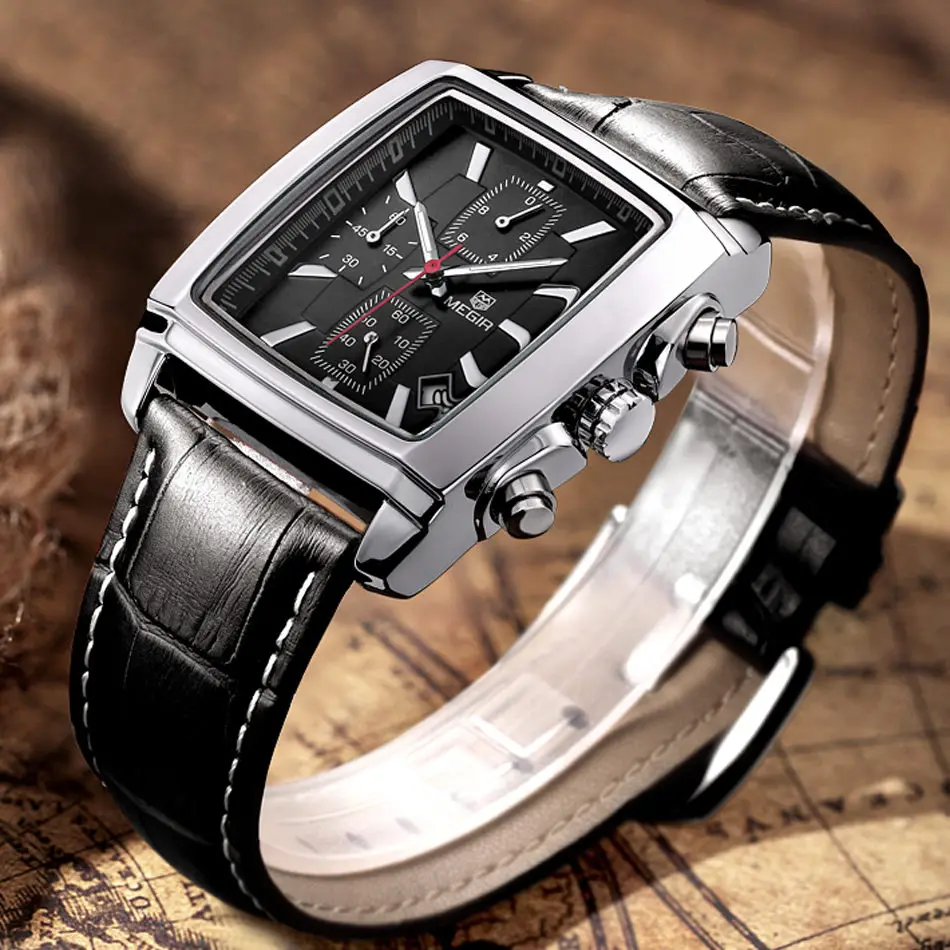 Бренд MEGIR роскошные мужские Модные прямоугольные часы с уникальным