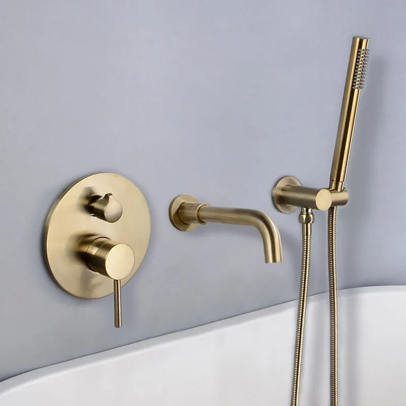 

Bath Shower Faucets Set Chrome Brass Bathtub Mixer Taps Hot & Cold Bathroom Crane With Handheld Wall Mounted Brushed Gold/Black
