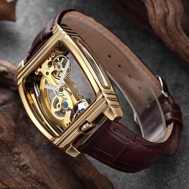 brown gold Полностью прозрачные автоматические механические часы со скелетом, мужские часы в стиле стимпанк с автоматическим заводом из нержавеющей стали, мужские часы Montre Homme - Цвет: brown gold