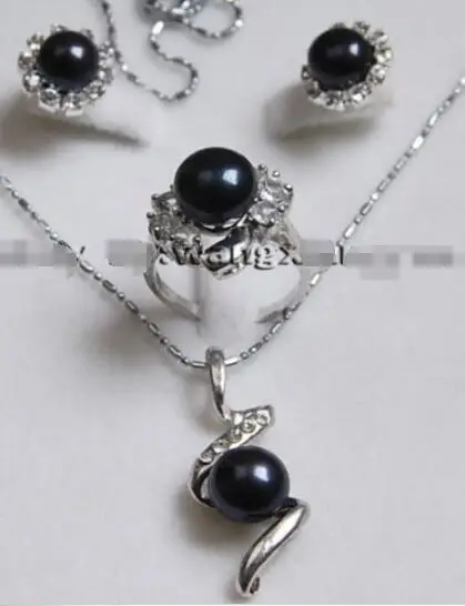 Free shipping hot sale Women Bridal Wedding Jewelry &gt&gtGenuine Black Akoya Cultured pearl Earrings /Ring / Necklace Pendant Set |