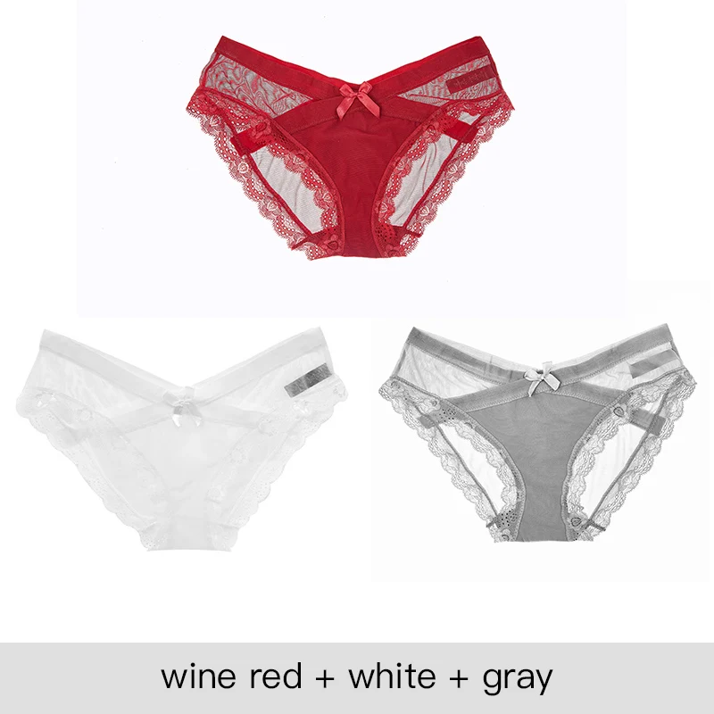 WhiteGrayWine red Сексуальные трусики женские прозрачные кружевные Мягкие Бесшовные нижнее белье женские трусы размера плюс женские трусики дышащего размера плюс 3 шт./лот - Цвет: WhiteGrayWine red