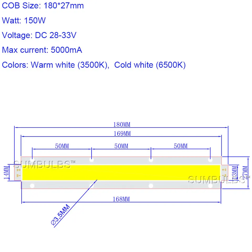 Sumbulbs 180x27 мм высокой мощности 150 Вт Светодиодный свет полосы COB лампы DC 28 33 в
