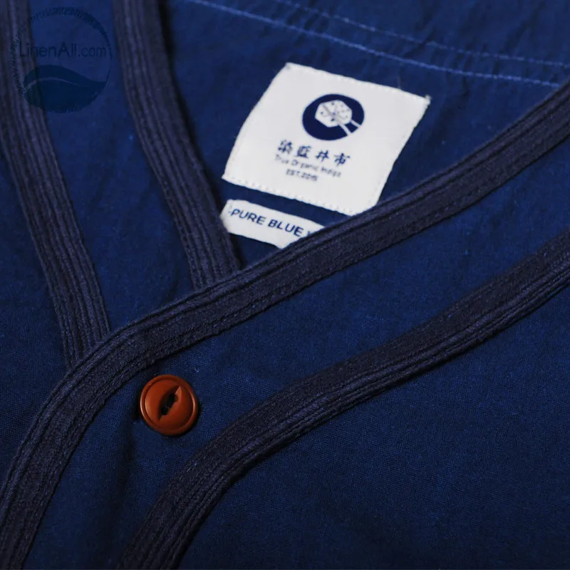 LinenAll мужская синяя окрашенная капюшон Индиго кардиган для бейсбола рубашка