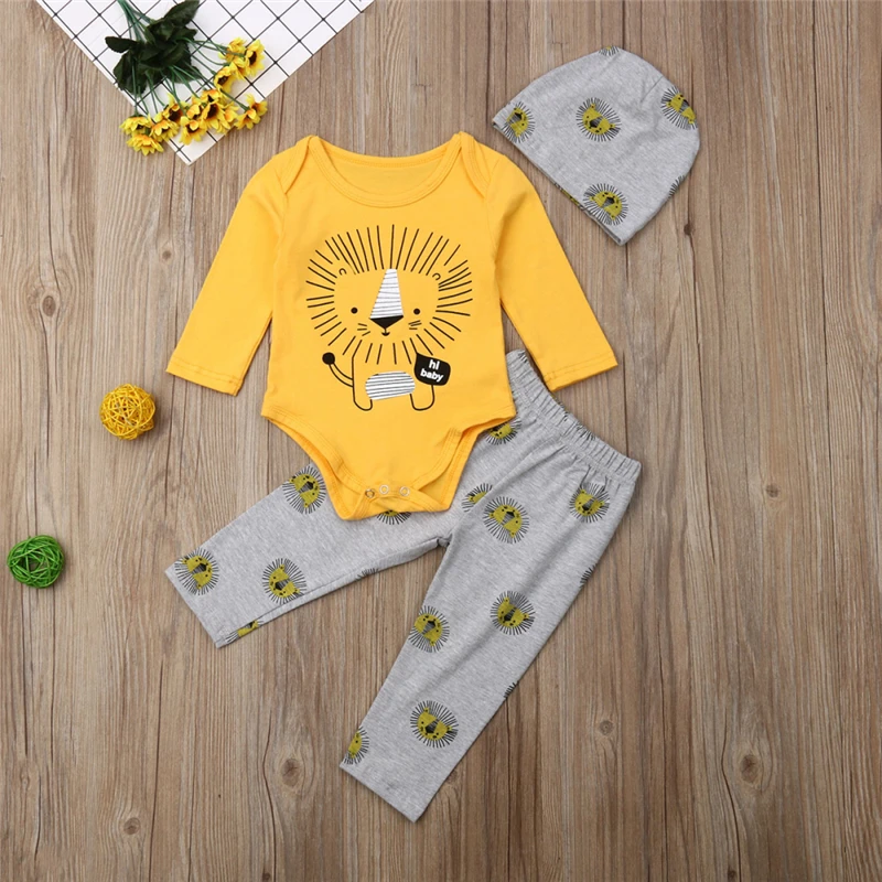 Цвет: желтый 3PCS Toddler Kids Baby Boy Clothes O Neck Long Sleeve Romper Elastic Lion Print Pants Hat Fashion Casual Outfits - Цвет: Цвет: желтый