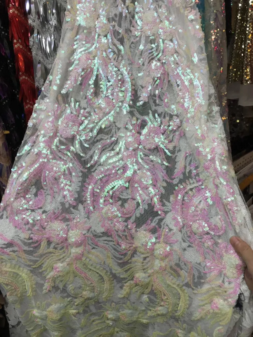 

Free shipping (5yards/pc) high quality Lilac purple African sequins net lace French lace fabric with embroidery for dress FJY122