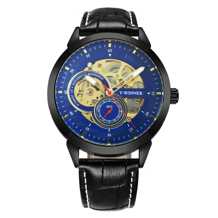 BLACK BLUE WINNER официальные автоматические механические часы для мужчин скелет мужские s часы лучший бренд класса люкс кожаный ремешок аналоговые наручные часы для мужчин - Цвет: BLACK BLUE