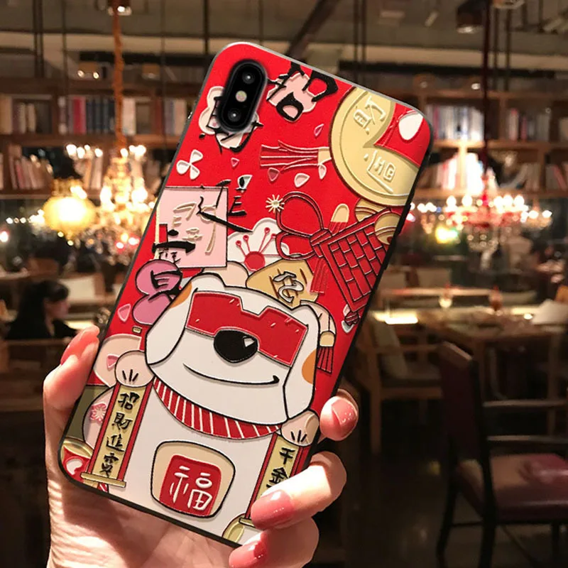 JIBAN китайский стиль Lucky Cat чехол для телефона IPhone XSmax XR X 3d рельефный Iphone 6 6S 6plus 7plus 8