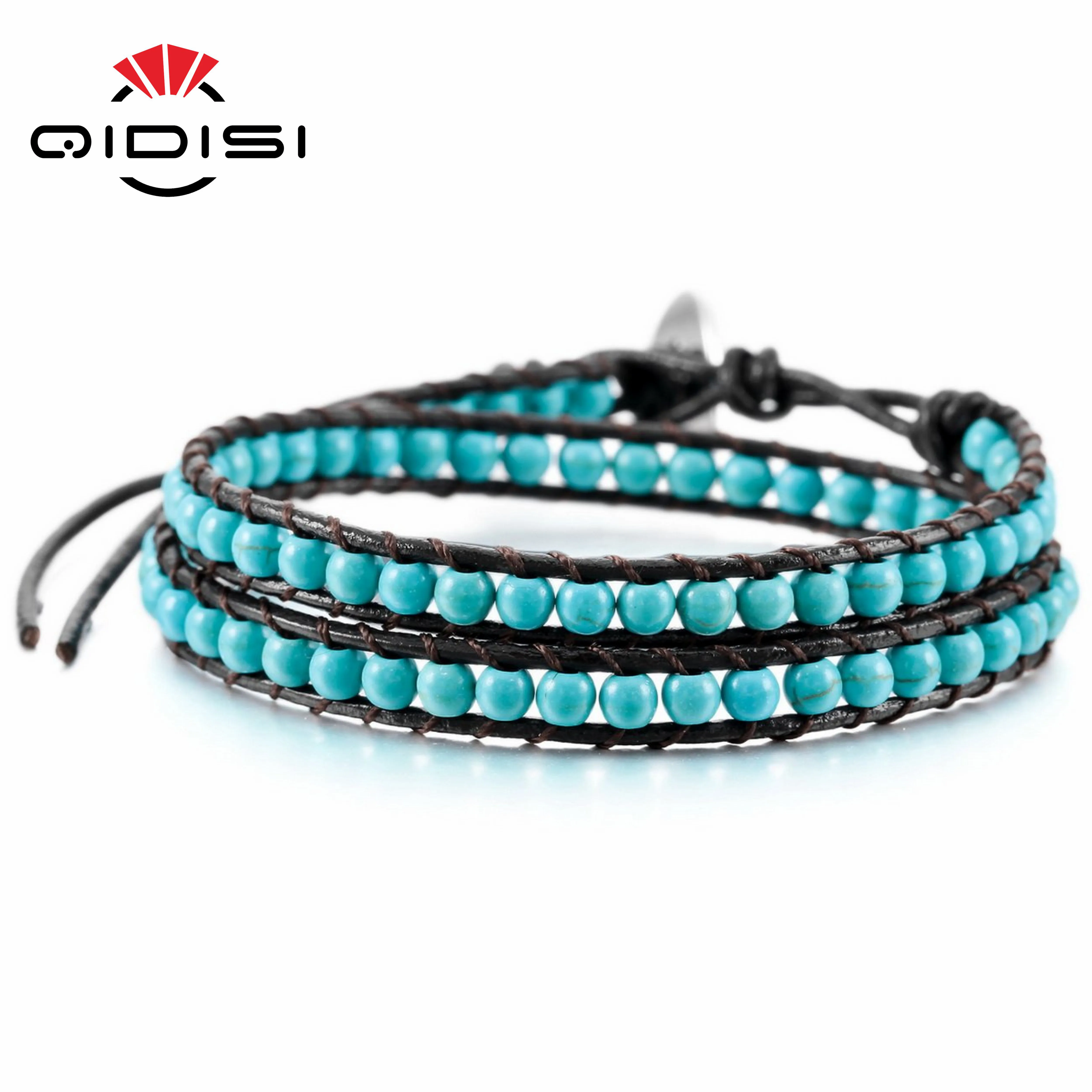 Blue Новинка, модный кожаный браслет с камнем, Браслет-манжета из бусин, 2 обруча, очаровательные браслеты, женские браслеты,, массивные ювелирные изделия, вечерние - Окраска металла: Blue