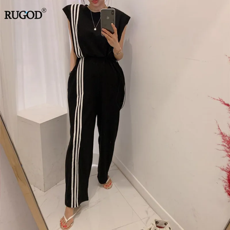

RUGOD Summer Playsuits Women Fashion Striped High Waist Elastic Bodysuits Sexy Backless Wide Leg Pants Jumpsuits Striped Suits