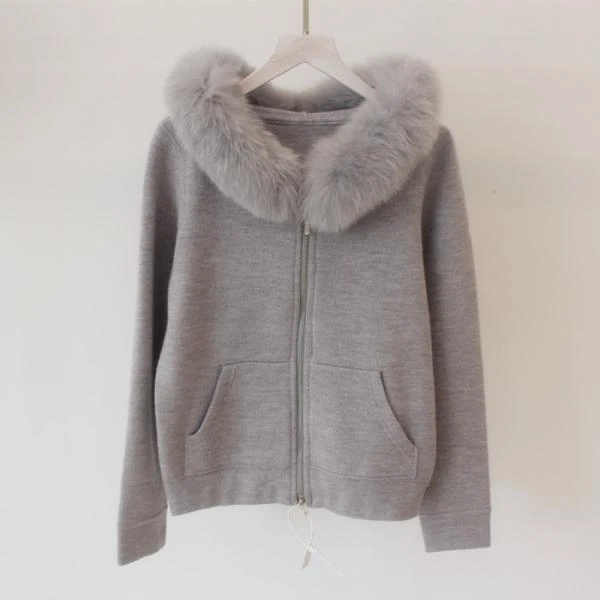 classic real fox fur hooded collar women fashion zip-up sweatshirts coat wool rabbit hair blend knitted one size