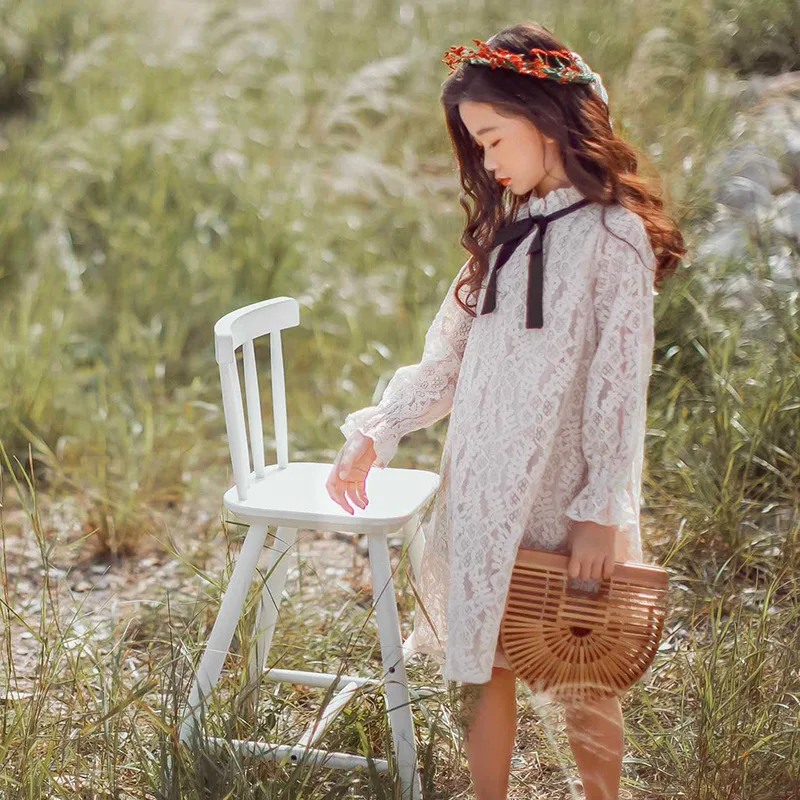 Children Kids Girls Lace Dress 2020 New Autumn Spring Bowknot Begie Teenager Brief Knee-length Clothing For Age 6-12 | Детская одежда и