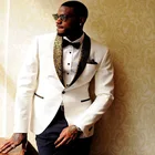 Белые Свадебные смокинги для жениха, приталенные мужские костюмы, Золотая Цветочная шаль с отворотом, 2 шт., африканская мода, женская куртка с черными брюками