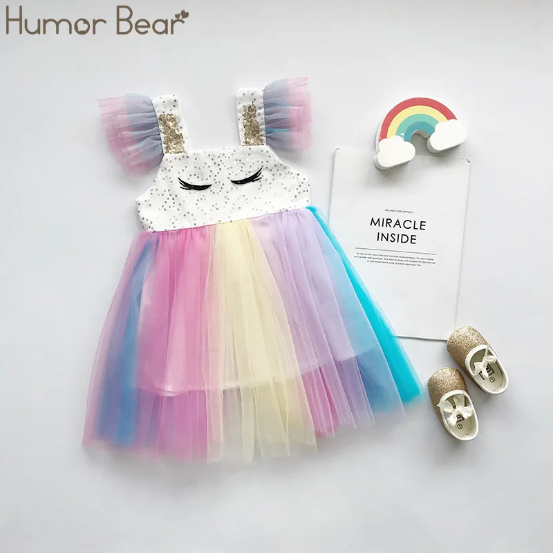 Multicolor Humor Bear/ г. Новое летнее Брендовое платье для маленьких девочек разноцветное Сетчатое праздничное платье принцессы с рукавами-крылышками для девочек, От 2 до 6 лет - Цвет: Multicolor