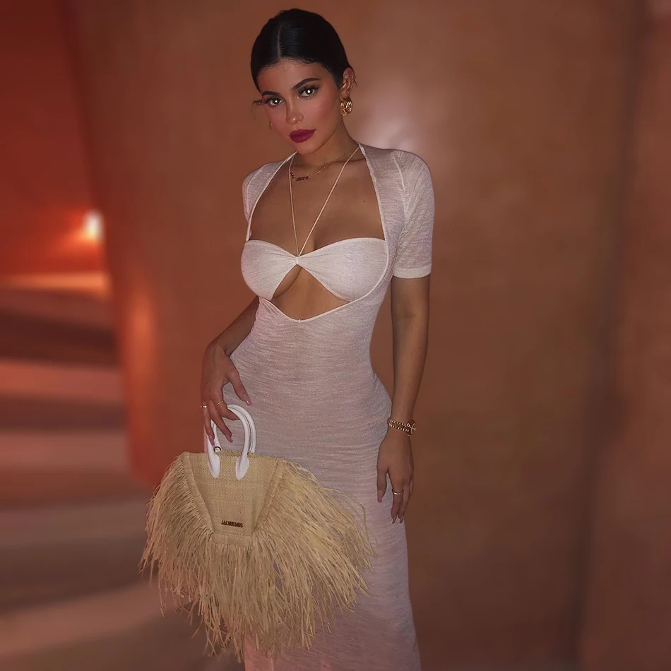 Шикарное длинное платье KylieJenner Opening Ceremony La Piana, сексуальное Белое платье-бандо, Прозрачное Платье макси с вырезом в виде замочной скважины