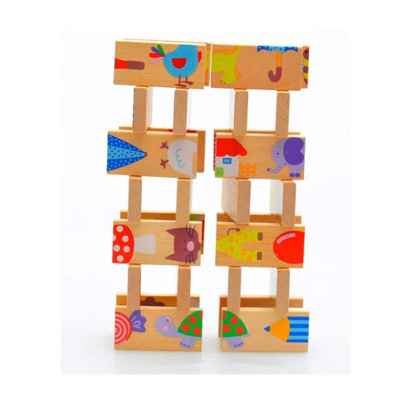 Cute 28pcs/set baby Wooden Dominoes Block Cartoon Animal Colored Jigsaw Tangram children Educational Toys for child domino game