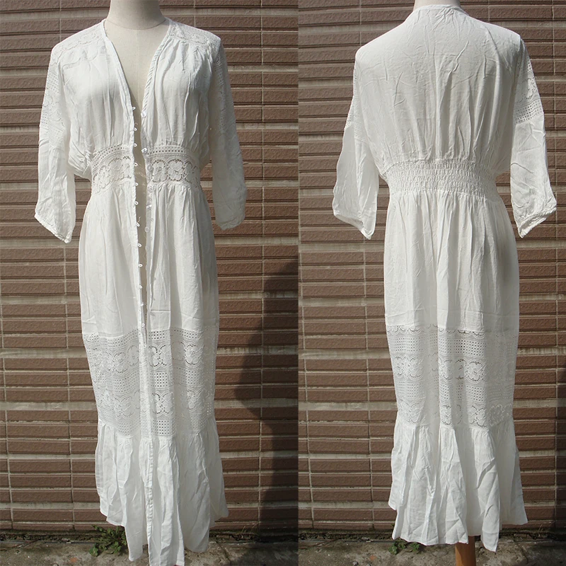 

New Cotton Long Maxi Boho Dress Patchwork Lace Saida De Praia Women Holiday Dress Cardigan Robe De Plage lady Casual Dress