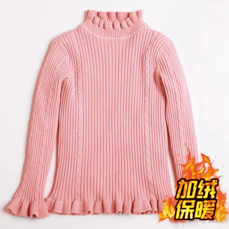 Add wool Pink Свитер для девочек; сплошной цвет оборки; свитера с рукавами; Осенняя Модная трикотажная одежда для девочек; зимние топы для маленьких девочек; теплая одежда - Цвет: Add wool Pink
