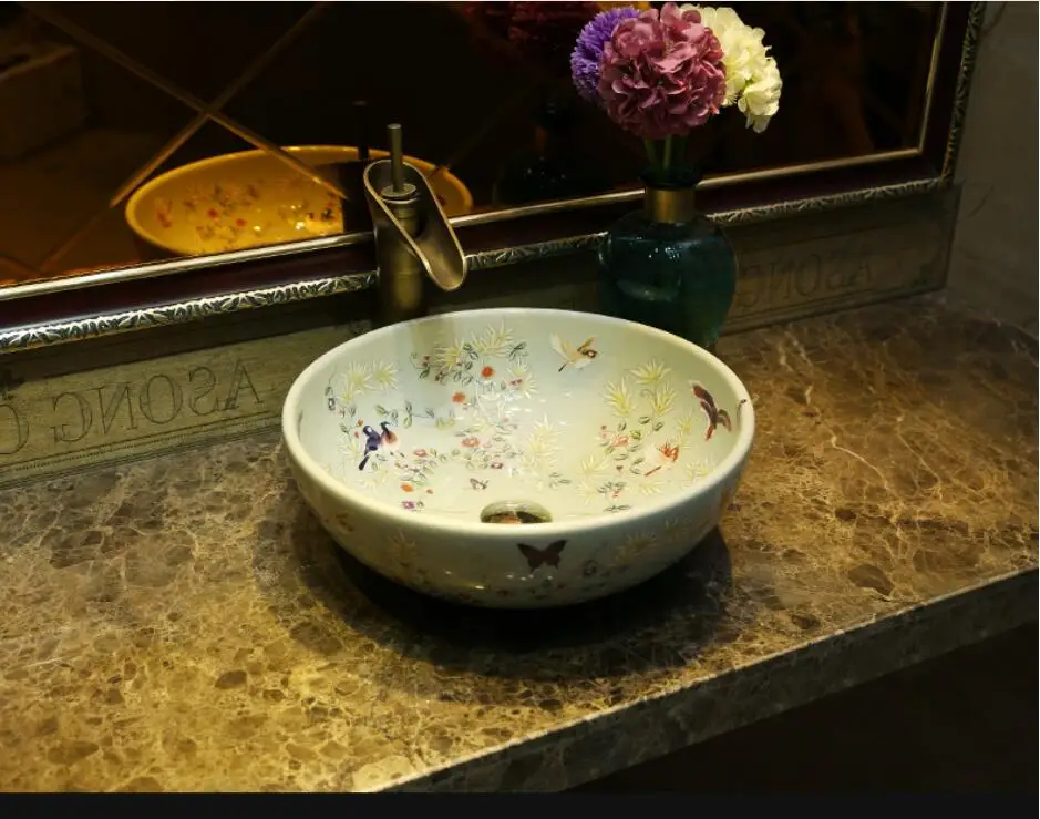 Ванная комната фарфор Vanity Круглый Китайский Стиль раковина Керамика Столешница