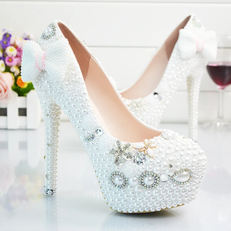 

Large Size White Pearl Wedding Shoes Hademade Super High Heels Women Pumps for Bridal Party Banquet Evening Dress Round Toe