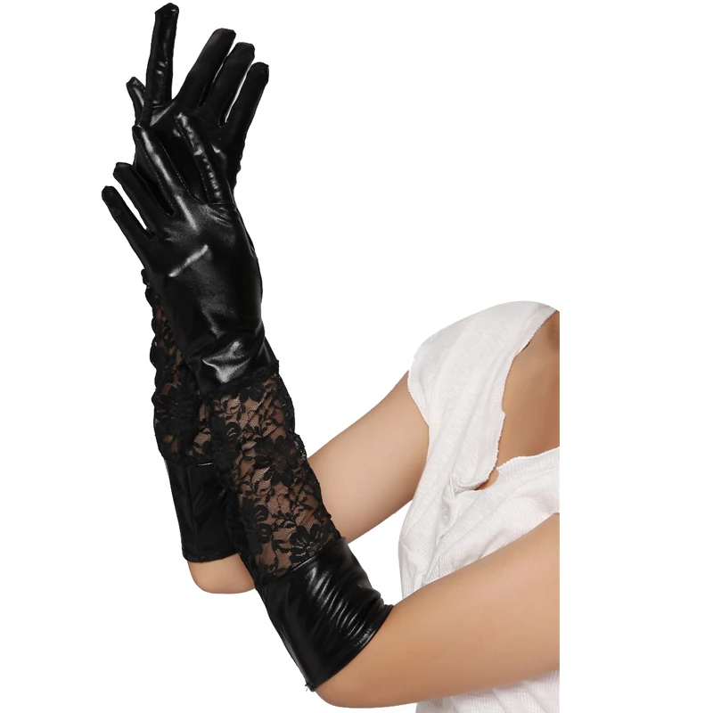 Black 1 пара, женские модные Лоскутные кружевные длинные кожаные перчатки, черные женские сексуальные рукавицы длиной до локтя, Вечерние перчатки для взрослых - Цвет: Black