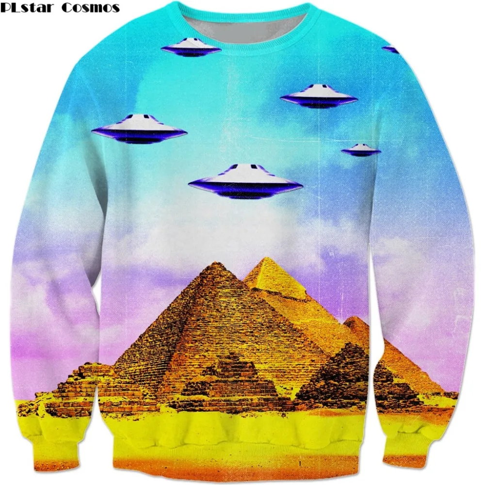 

PLstar Cosmos Drop shipping 2018 New Fashion Men Sweatshirt Aliens Built it Funny pyramid Print 3d Unisex Casual pullovers