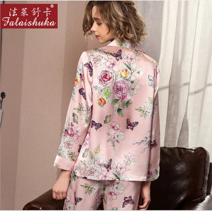 Womens Silk Pajamas Sets Pink Flower Print 2019 Large Summer 100% Silk Stain Home Wear Fashion Pajama Sets Pant Sleepwear XL