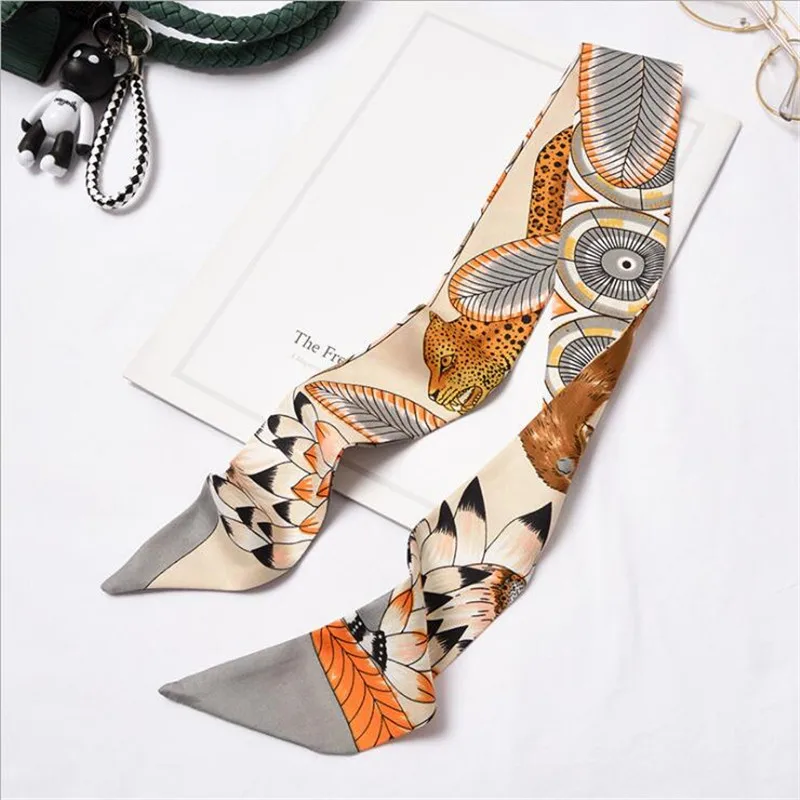 New Women Skinny Scarf Faux Silk Wrap Chain Floral Patchwork Print Bag Handle Ribbons Head Tie Band Neckerchief Scarves |