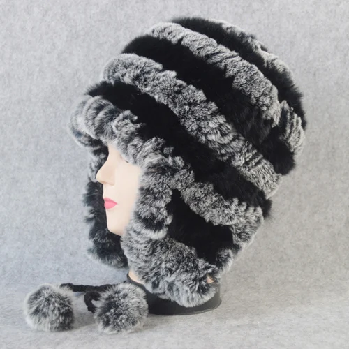 gray and black Качественная зимняя шапка для девочек, настоящий мех кролика, женская вязаная шапка из натурального кролика Рекс, меховые шапочки, теплые шапки из натурального меха - Цвет: gray and black