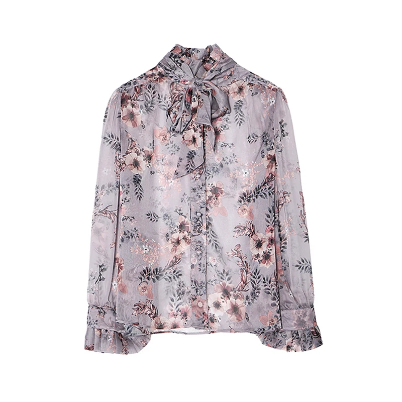 Women Floral Long Sleeve Chiffon Blouse Formal Female Stand Collar Top High Street OL Runway Summer Shirt |